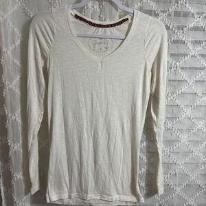 Roots Womens Long Sleeve V-Neck Slub‎ Knit T-Shirt Cream White Size M